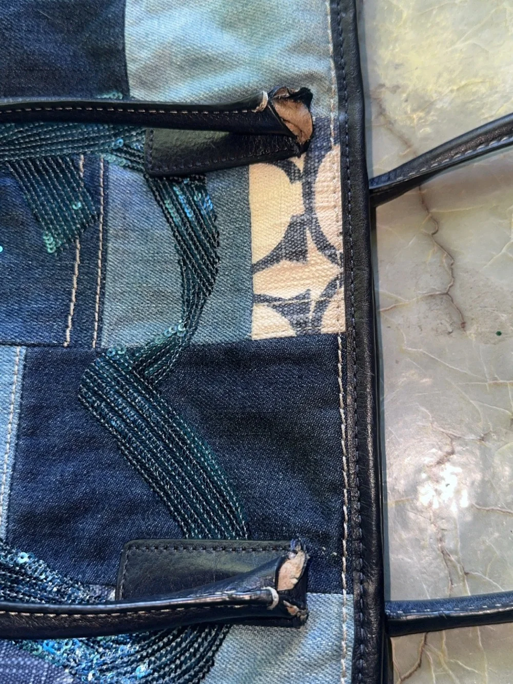 Coach Blue Patchwork Denim Tote with Sequin Heart